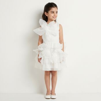 Girls White Organza 3D Floral Tiered Dress