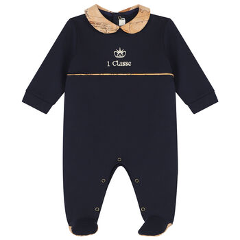 Baby Boys Navy Blue & Beige Logo Babygrow