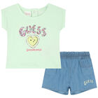 Baby Girls Green & Blue Logo Shorts Set, 1, hi-res