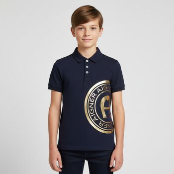 Boys Navy Blue & Gold Polo Shirt, 2 Boys Navy Blue & Gold Polo Shirt
