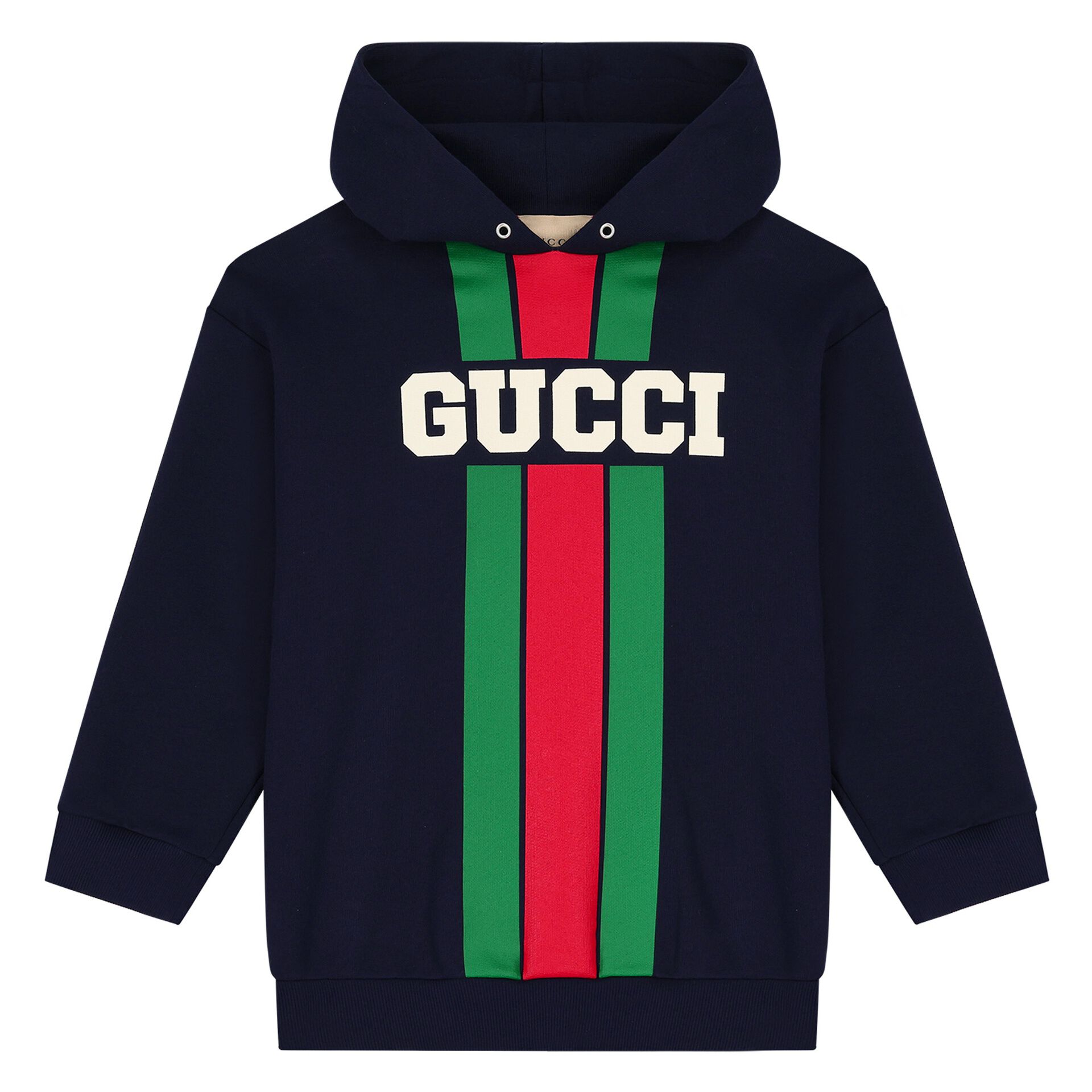 Gucci Boys Navy Blue Logo Web Striped Hooded Top Junior Couture USA