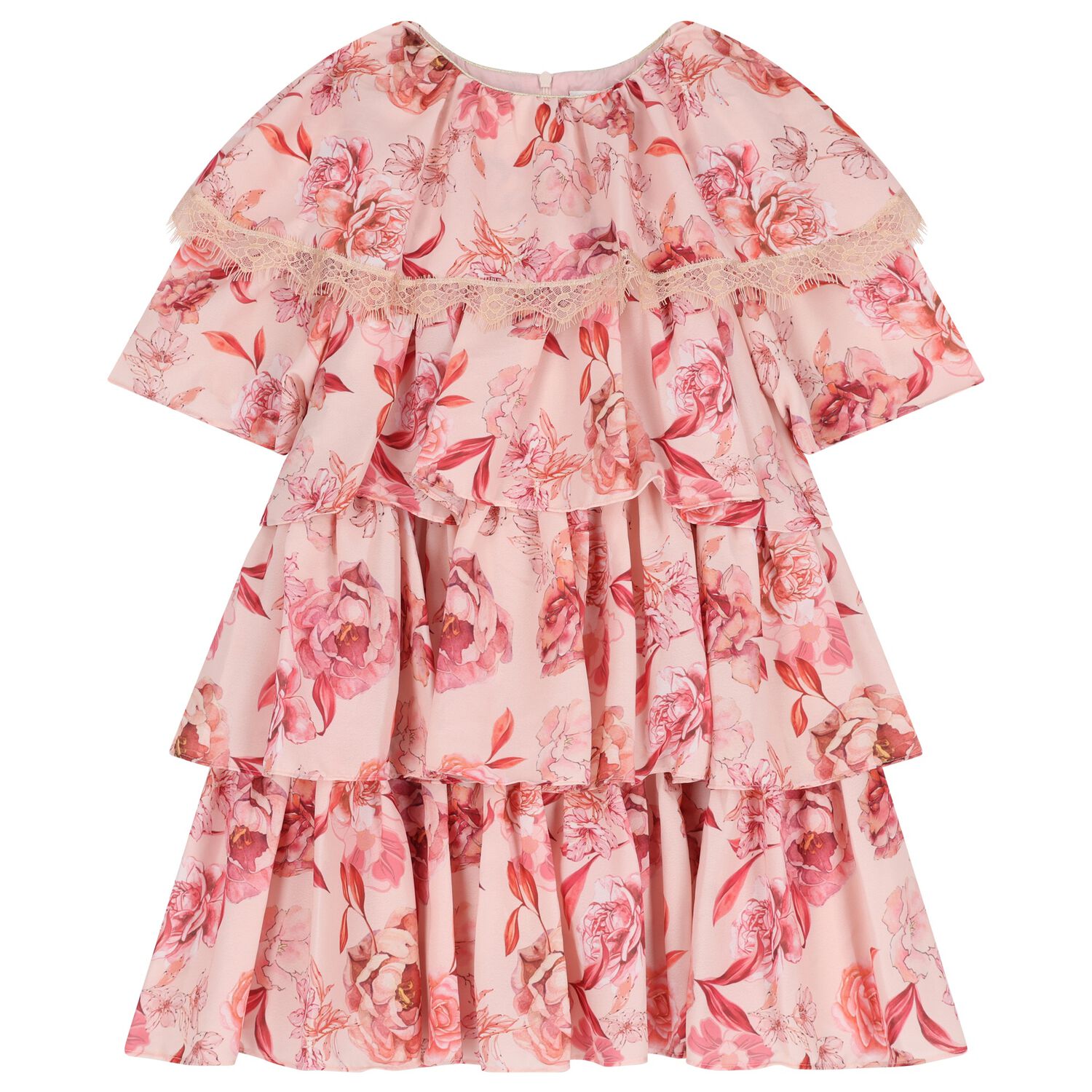 Girls Pink Floral Chiffon Dress, 1, hi-res