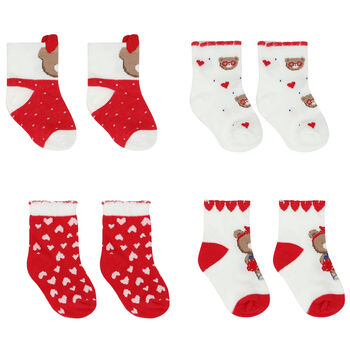 Baby Girls White & Red Teddy Socks ( 4-Pack )