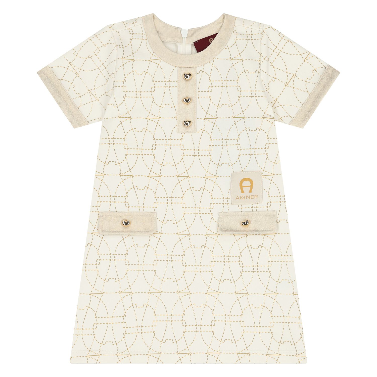 Younger Girls Ivory & Gold Logo Dress, 1, hi-res