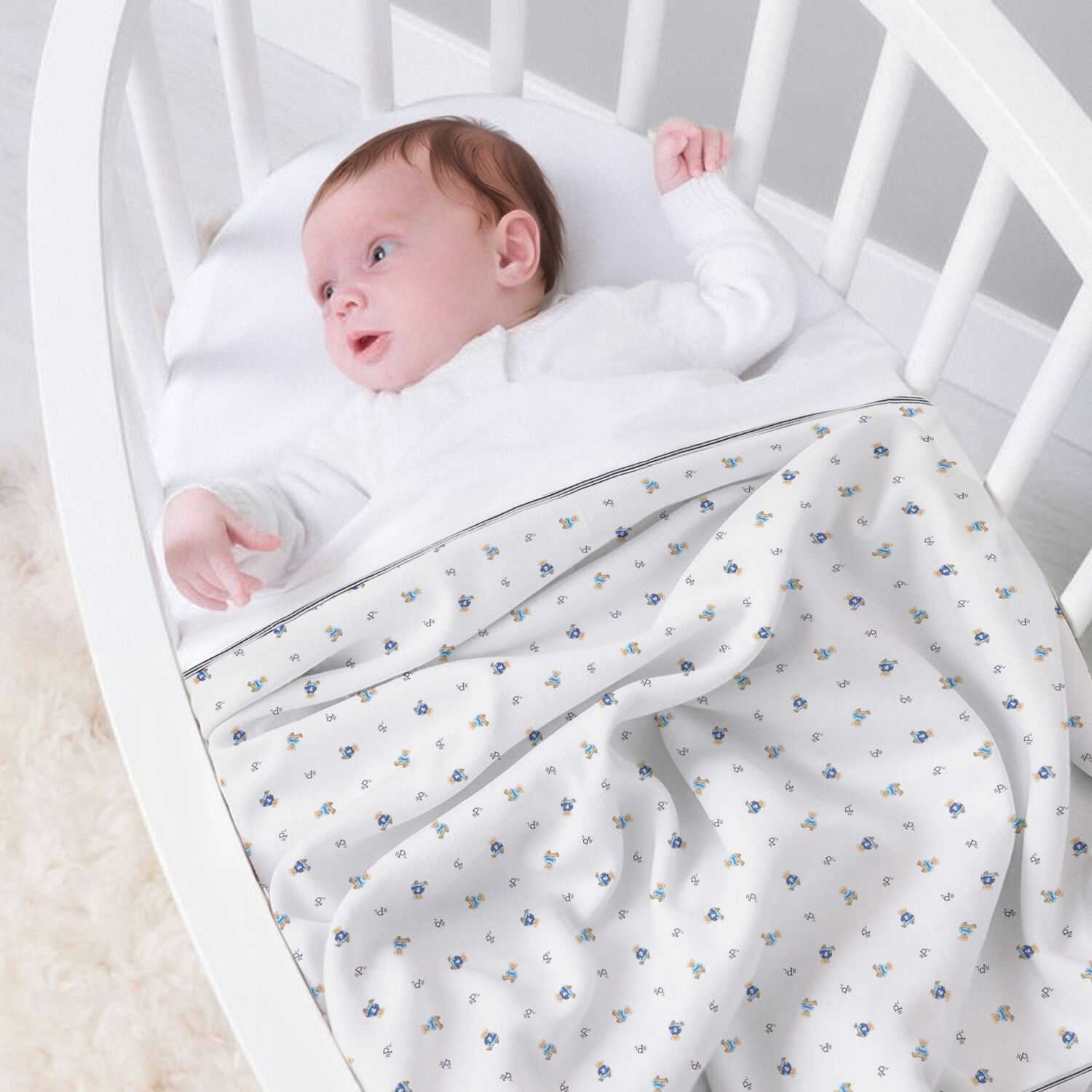 Baby Boys White & Navy Blue Polo Bear Blanket, 1, hi-res