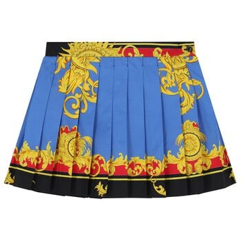 Girls Blue & Gold Barocco Pleated Skirt