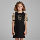 Girls Black & Gold Logo Dress, 1, hi-res