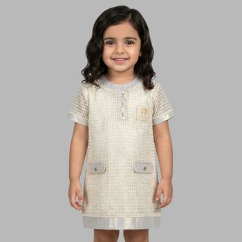 Younger Girls Ivory & Gold Logo Dress