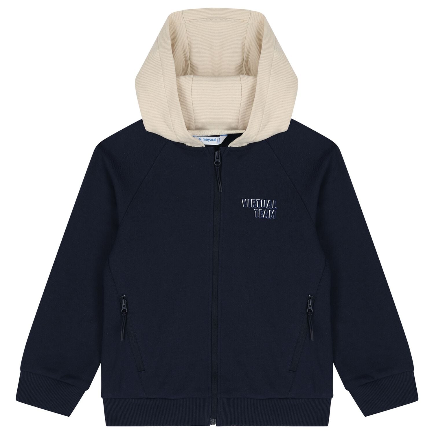 Boys Navy Blue & Beige Hooded Zip Up Top, 1, hi-res