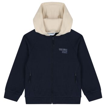 Boys Navy Blue & Beige Hooded Zip Up Top