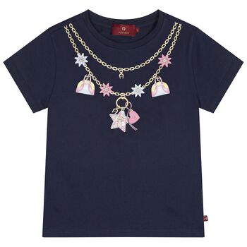 Girls Navy Blue Necklace Logo T-Shirt