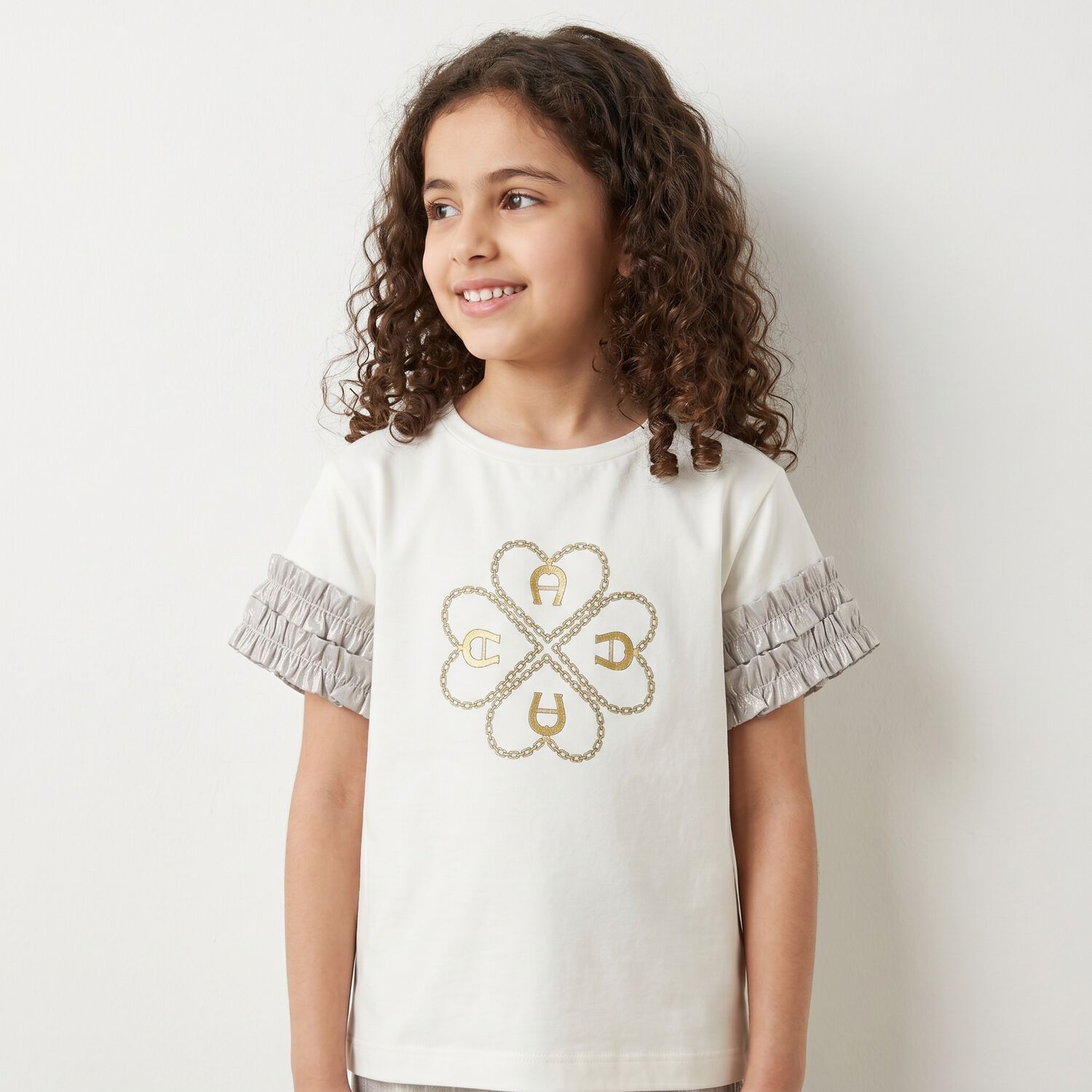 Girls Ivory & Gold Logo T-Shirt, 1, hi-res