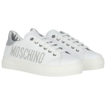 Girls White & Silver Logo Trainers