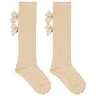Girls Beige & Gold Bow Knee High Socks, 1, hi-res