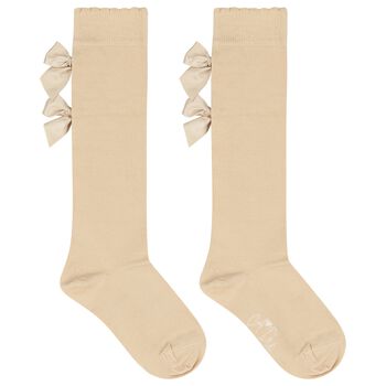 Girls Beige & Gold Bow Knee High Socks