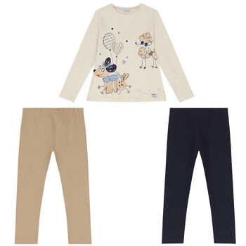 Girls Ivory, Beige & Navy Blue Leggings Set