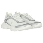 White & Silver Logo Trainers, 1, hi-res