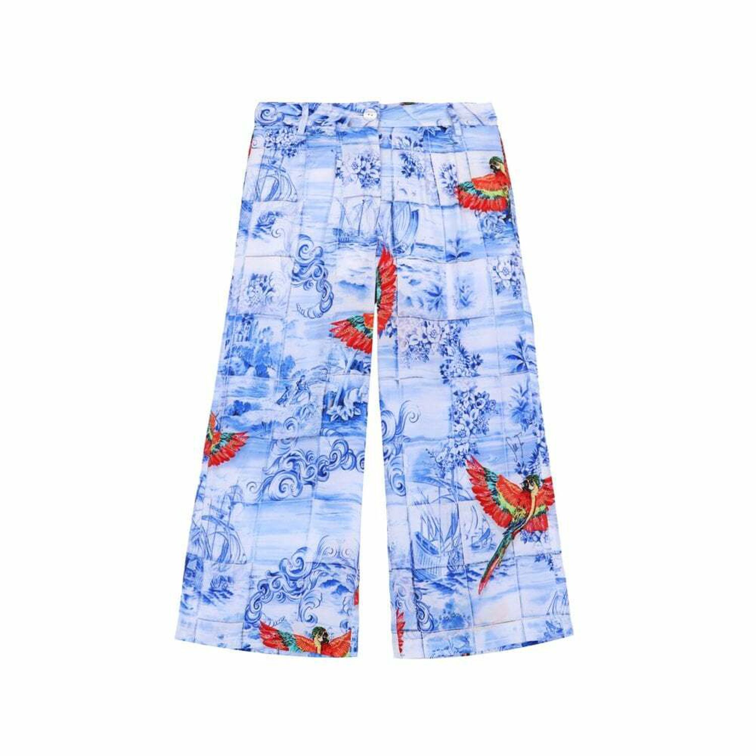 Girls Blue Printed Trousers, 1, hi-res