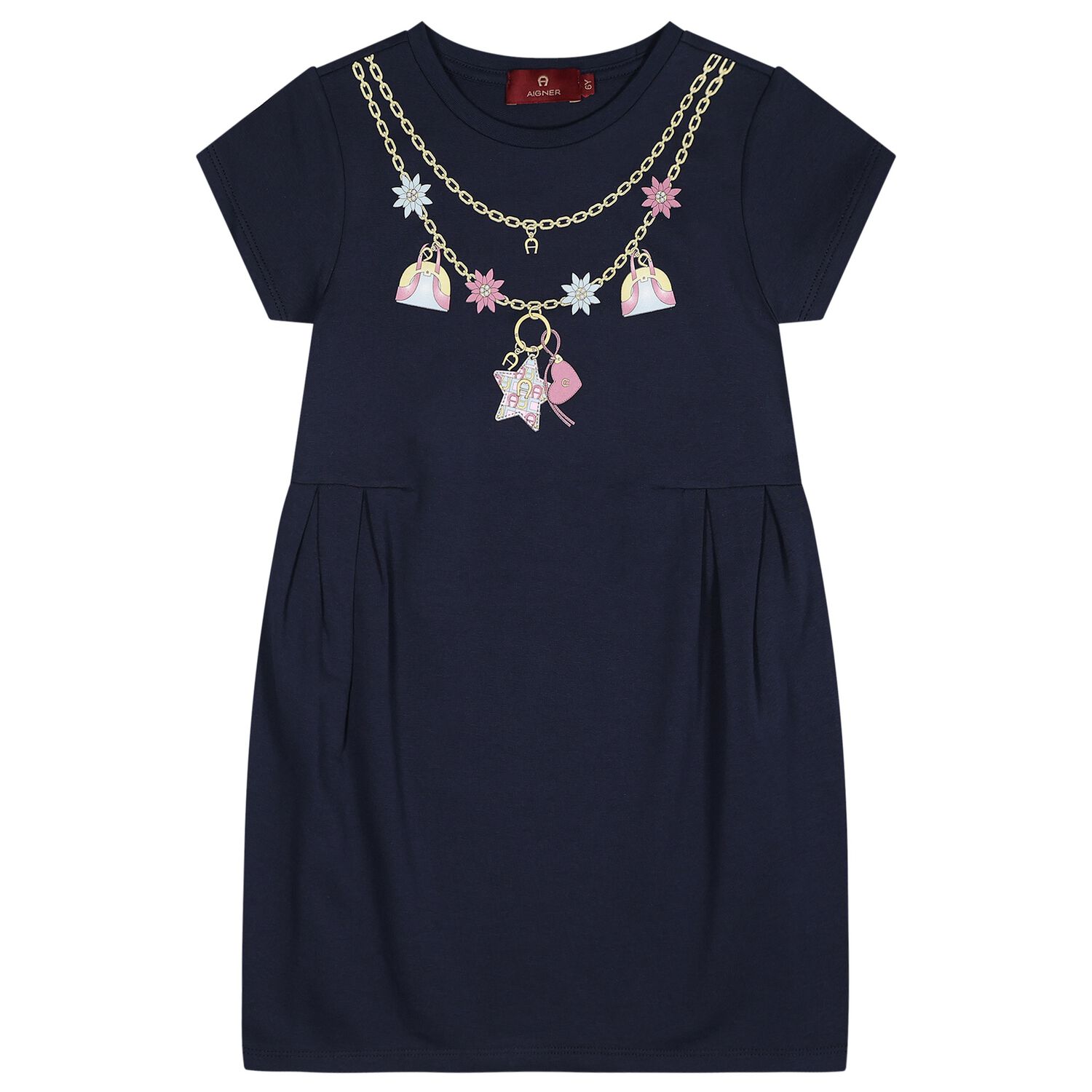 Girls Navy Blue Necklace Logo Dress, 1, hi-res
