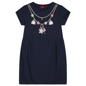 Girls Navy Blue Necklace Logo Dress