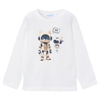 Boys White Robot Long Sleeve Top