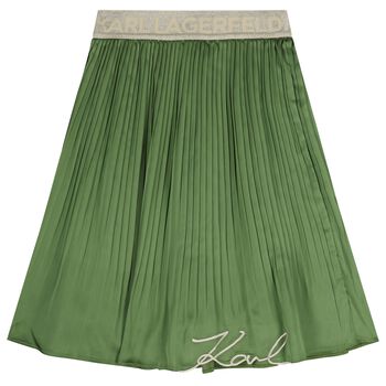 Girls Green Logo Pleated Skirt