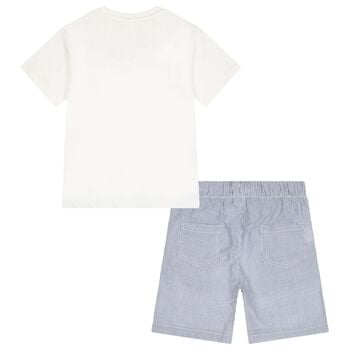 Boys White & Blue Striped Shorts Set