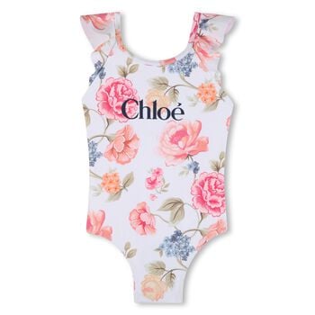 Girls White Floral Logo Swimsuit
