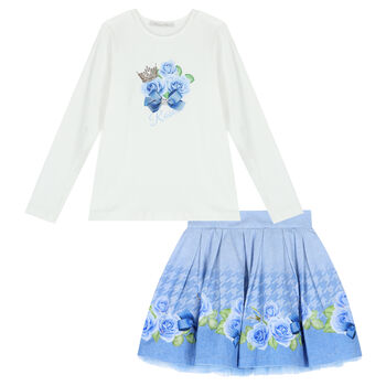 Girls White & Blue Floral Skirt Set
