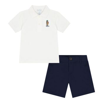 Baby Boys White & Blue Polo Bear Shorts Set