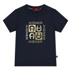 Younger Boys Navy Blue & Gold Logo T-Shirt, 2, hi-res