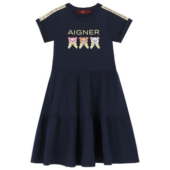 Girls Navy Bear Logo Dress