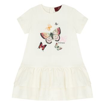 Younger Girls Ivory Butterflies Logo Dress