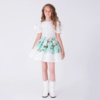 Girls White & Green Floral Skirt Set