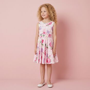 Girls Pink & White Floral Gingham Dress
