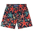 Boys Navy Blue Star Fish Swim Shorts, 1, hi-res