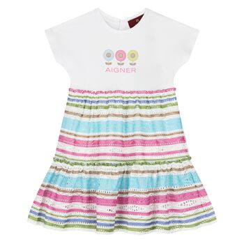 Younger Girls White Striped Logo Dress