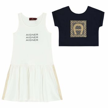 Girls Navy & Ivory Logo Dress Set