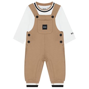 Baby Boys Beige & White Logo Dungaree Gift Set