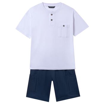Boys White & Navy Blue Shorts Set