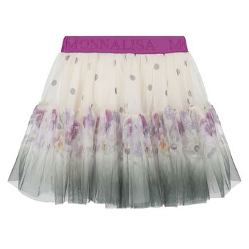 Girls Ivory & Purple Floral Logo Tulle Skirt