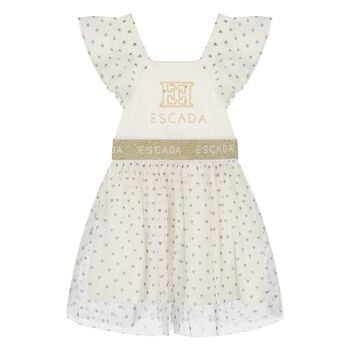Younger Girls Ivory Logo Tulle Dress