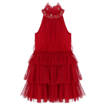 Girls Red Embellished Tulle Dress