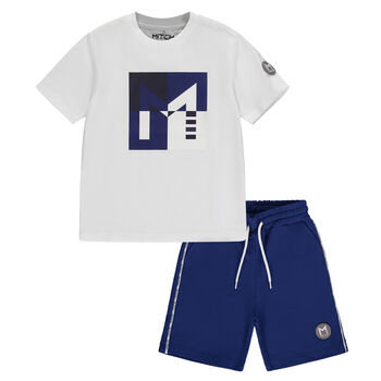 Boys White & Navy Blue Short Set