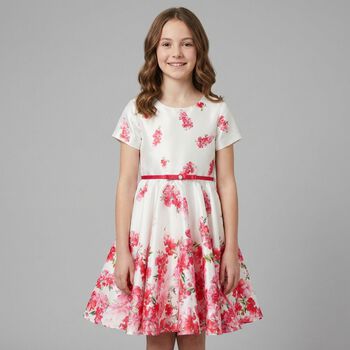 Girls White Floral Satin Dress