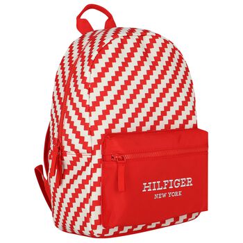 Red & Ivory Striped Logo Backpack