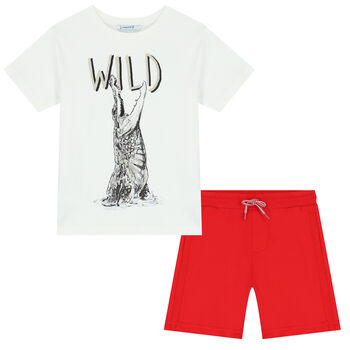 Boys White & Red Crocodile Shorts Set 