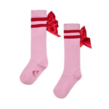 Girls Pink Satin Bow Knee High Socks