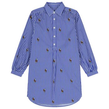 Girls Blue & White Polo Bear Striped Dress