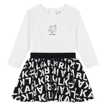 Younger Girls White & Black Choupette Logo Dress